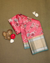 Peach pink printed kanchivaram saree
